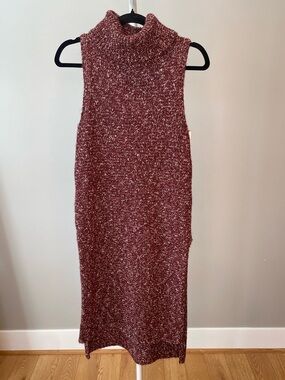 Anthropologie Sleeveless Turtleneck Knit Midi Dress w Side Slits in Burgundy NWT